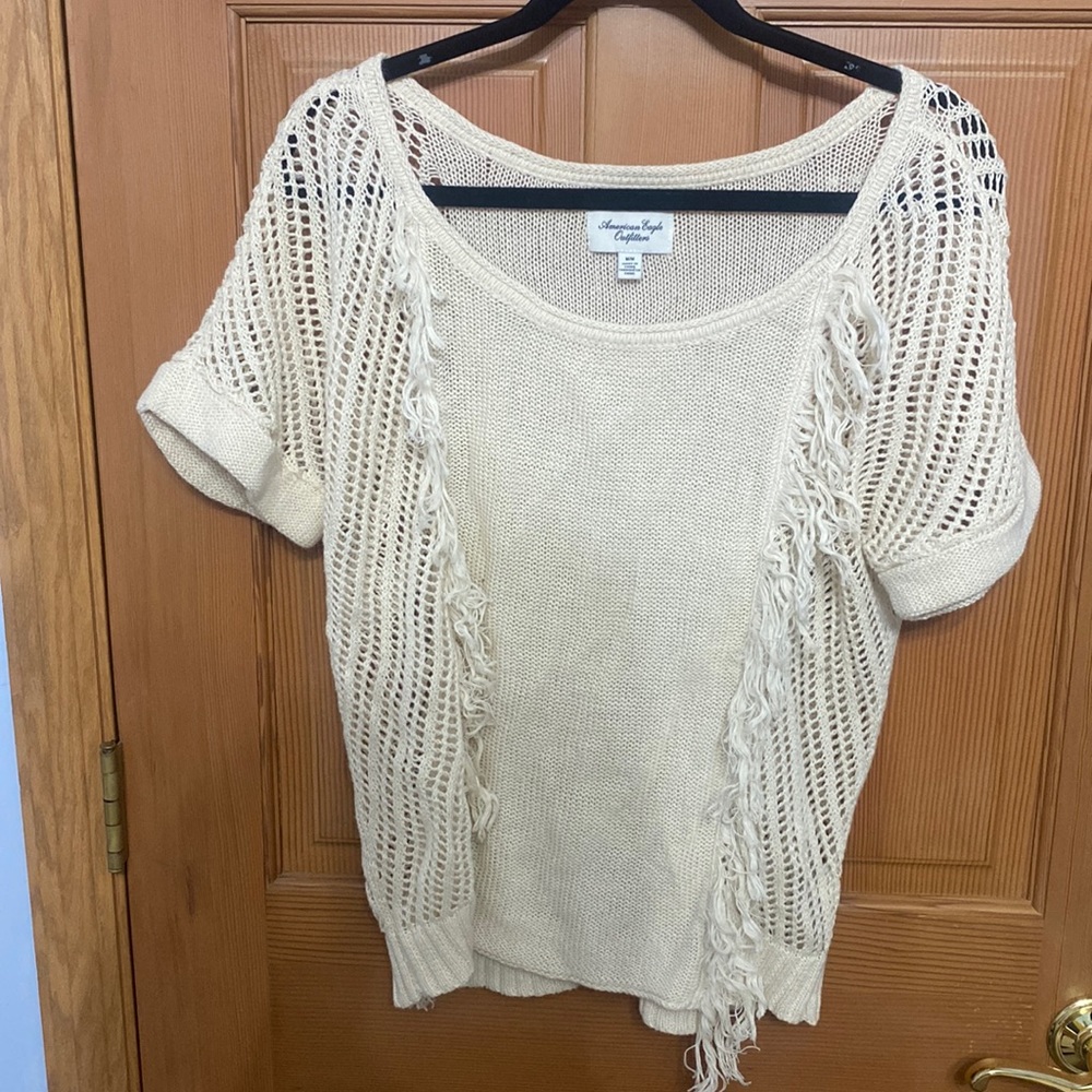 AMERICAN EAGLE OUTFITTERS Ivory Hooded Sweater, Short Sleeve Open Knit, Medium